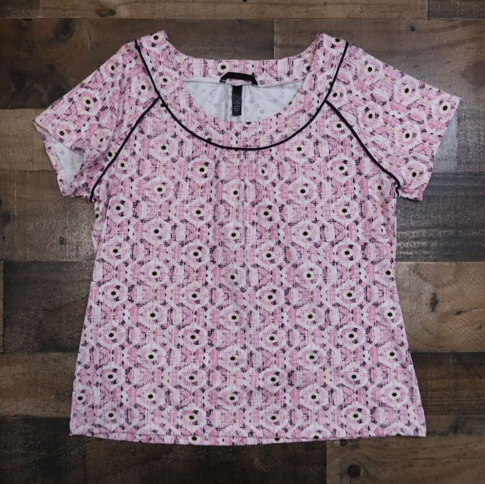 SOMA Womans Large Pink & Black Round Neck Short Sleeve Pajama Top Sleep PJs